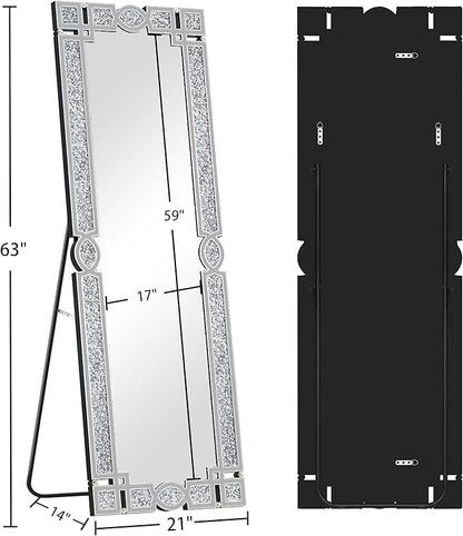 ENENE Crystal Mirrors Full 63"(H) Crushed Diamond Full Body Mirror Silver Long Floor Standing Mirror for Bedroom Living Room Bathroom Wall Mounted