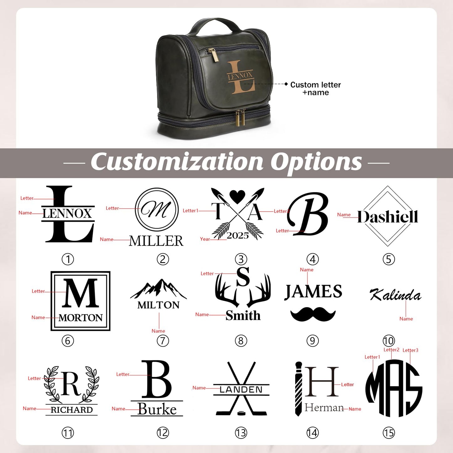 Zeekisfia Personalized Toiletry Bag for Men, Custom Engraved Travel Dopp Kit Bag, Customized Name Initials Gift for Dad, Boyfriend, Husband Father's Day, Wedding, Birthday(Green)