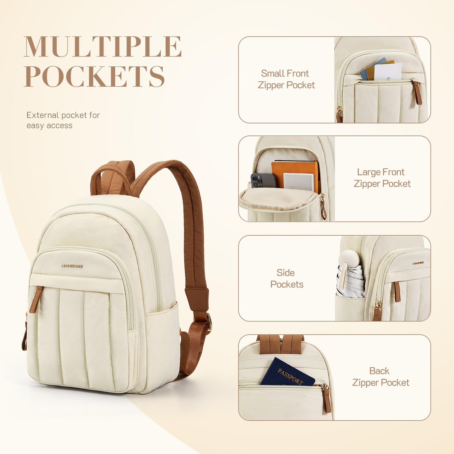 Missnine Mini Small Backpack for Women, 8.6" L×4.3" W×14.4" H, Lightweight Quilted Small Backpack Purses, Puffer Daily Purse Water-resistant Brown+Beige
