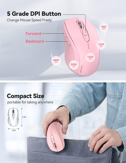 TECKNET Wireless Mouse for Laptop, Silent Bluetooth Mouse(BT5.0 & 2.4G) 4000DPI Adjustable, Computer Portable PC Quiet Mice with USB-A Receiver & 6 Buttons for Mac, 18 Months Battery