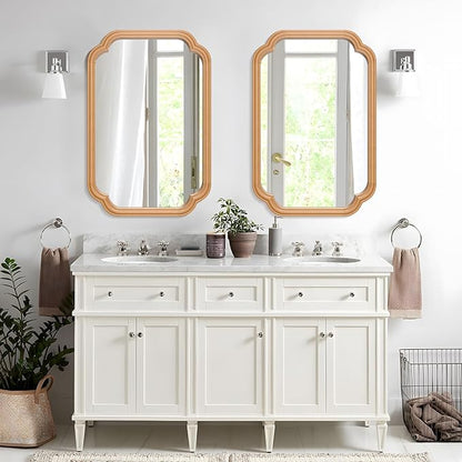 Wood Mirror for Bathroom, 20" x 30" Rectangular Wall Mirror for Bathroom Vanity with Wooden Frame Farmhouse Rounded Corner Wall Mirror Decor (Horizontal/Vertical)