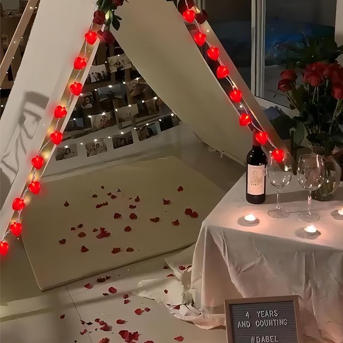 Red Heart Lights, 8.5Ft Valentine's Day Lights with 10 Red Glitter Hearts, Plug-In String for Indoor Party Decor