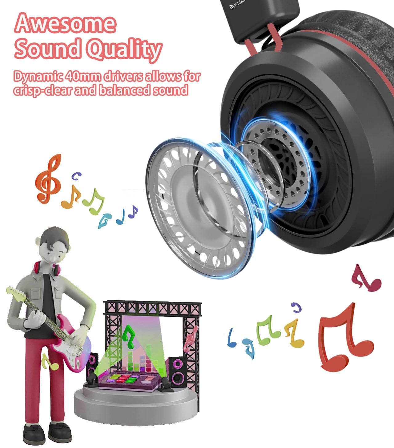 Bywulanda Kids Headphones with LED Lights for School, Upgrade USB Type C Kid Headphone with Microphone, Volume Limiter 85/94dB, Wired On Ear Headphones for Boys/Girls/Tablet/Travel -Black