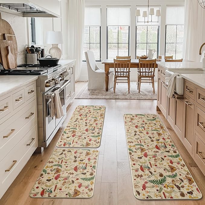 Artoid Mode Mushrooms Butterfly Spring Kitchen Mats Set of 3, Home Decor Low-Profile Kitchen Rugs for Floor - 24"x35"+24"x59"+24"x72"