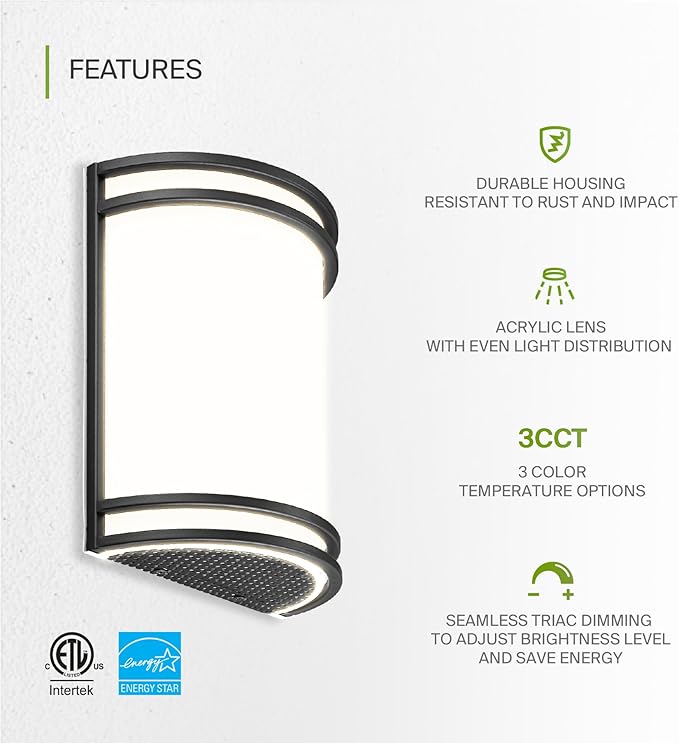 ASD LED Indoor Wall Mount Light Fixture - 10 Inch Modern Interior Matte Black Wall Sconce Lighting - 3000K 4000K 5000K Adjustable - Half Cylinder Hallway Light Fixture - ETL & Energy Star