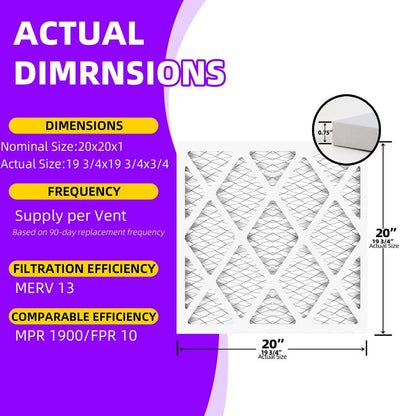 Qingzhug 20x20x1 MERV 13 (6-Pack) Pleated Air Filter (Actual Size: 19.75"x19.75"x0.75") MPR 1900 & FPR 10, Furnace Air Filters, 20x20x1 air filter