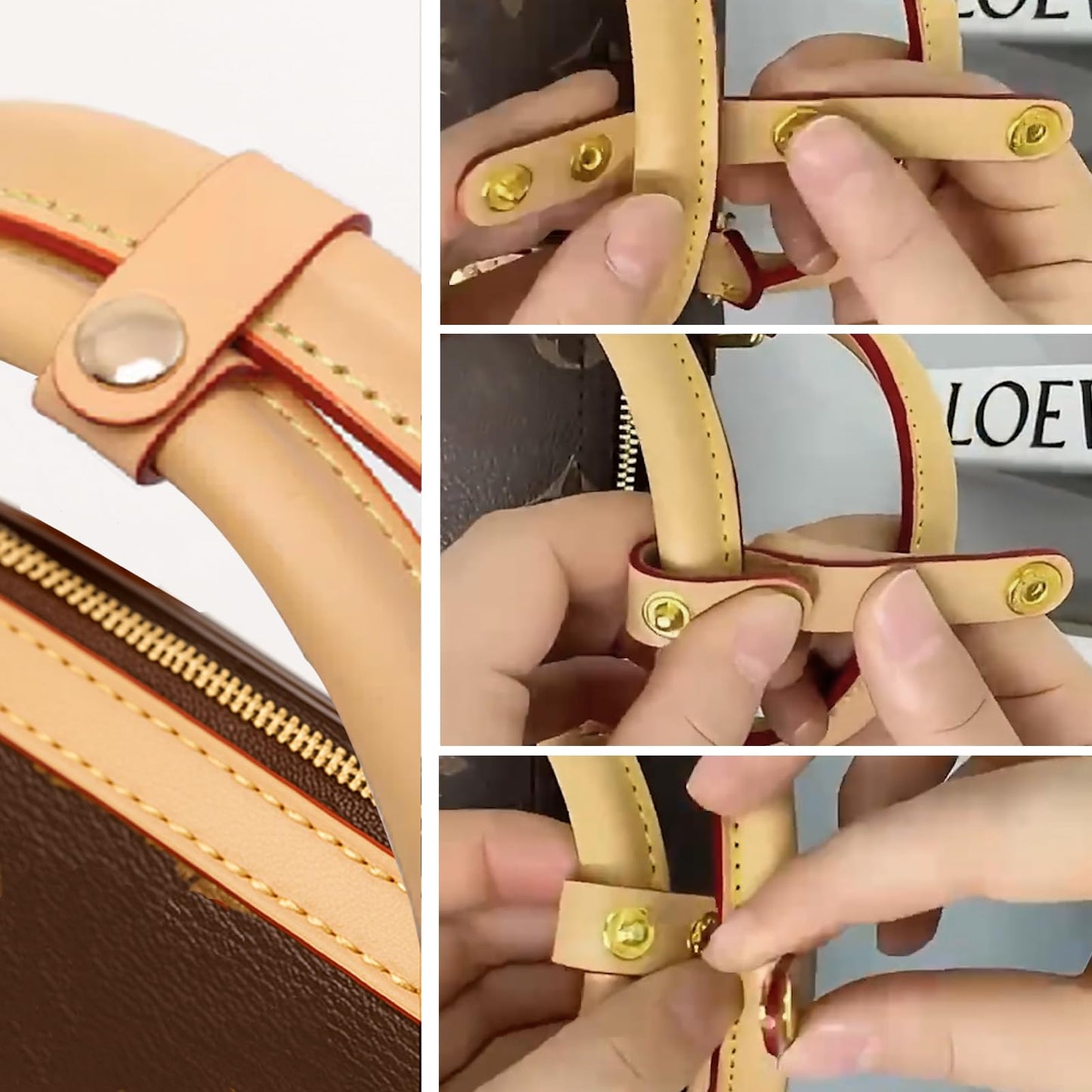 6 PU Leather Handbag Strap Shortener,Bag Protector for Handbag,with Brass Button Handle Wrap Cover for Handbags and Shoulder Bags (Beige)