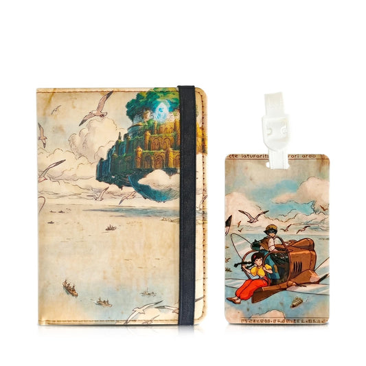 TJIUSI Travel Passport Holder and Luggage Tag Set Anime Aesthetic PU Leather Travel Wallet & Suitcase ID Label Cute Floating Castle Design Travel Accessories Gift for Women, Men