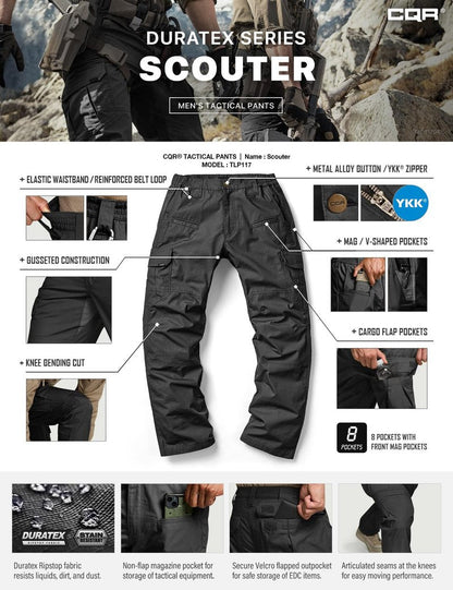 CQR Men's Tactical Pants, Water Resistant Ripstop Cargo Pants, Lightweight EDC Work Hiking Pants, Outdoor Apparel, Raider Black, 40W x 32L