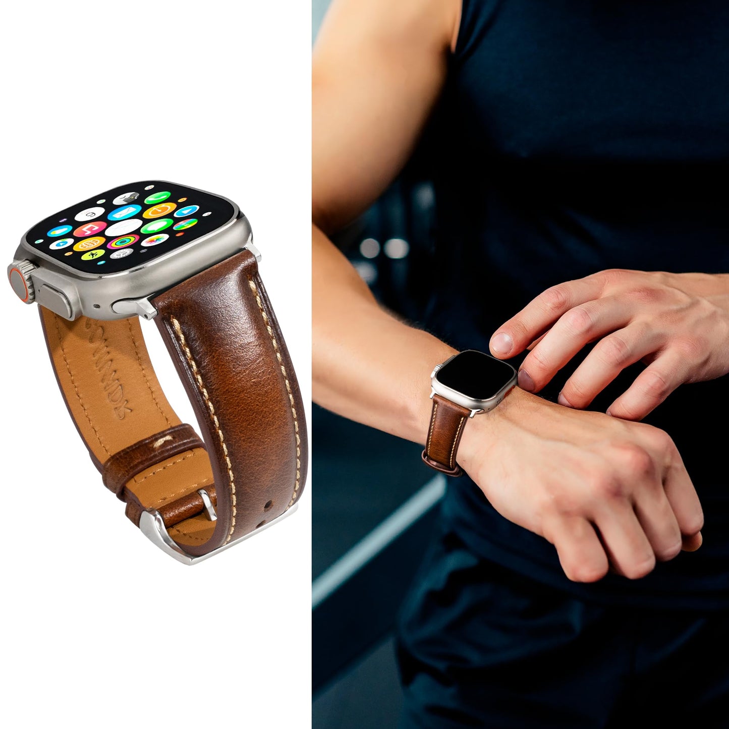 Gomvadr Leather Bands Compatible with Apple Watch Band 44mm 45mm 46mm, Oil Wax-tanned Leather Strap for Mens Apple Watch Series 11 10 9 8 7 6 5 4/SE3 (Tan/Silver Buckle/Contrast Stitch)
