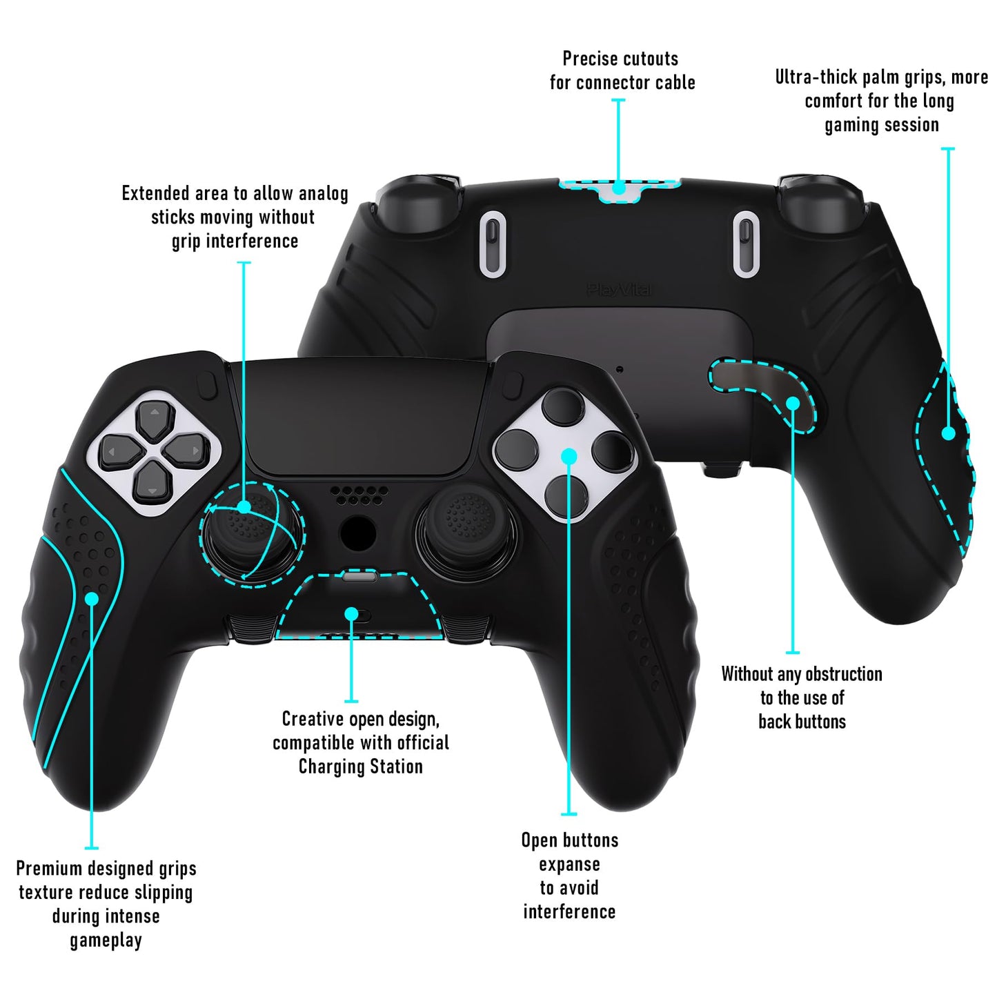 PlayVital Guardian Edition Anti-Slip Ergonomic Silicone Cover Case for ps5 Edge Controller, Soft Rubber Protector Skin for ps5 Edge Wireless Controller with Thumb Grip Caps - Black