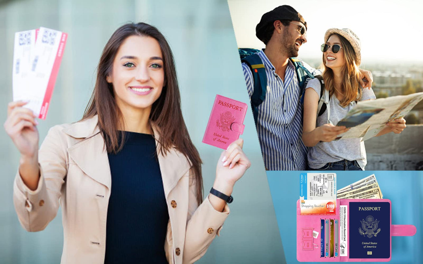 Passport Holder Cover Wallet RFID Blocking Leather Card Case Travel Accessories for Women Men (Pink)