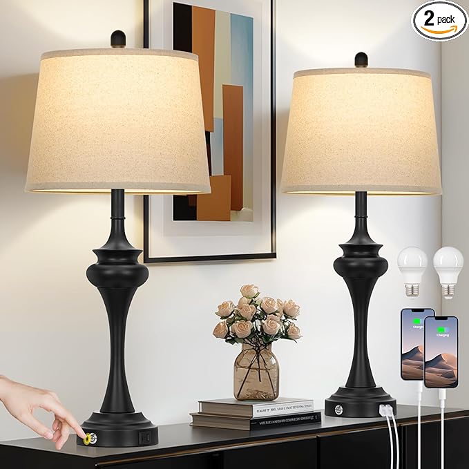 30" Black Tall Table Lamps for Living Room, Touch Control Bedside Lamp with USB A+C Ports, 3-Way Modern Bedroom Table Lamps Set of 2, Elegant Metal Lamp for Nightstand Desk Side Table Office