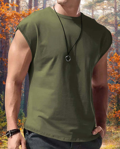 Grafumo Mens Workout Gym Tank Top Crew Neck Cap Sleeve Muscle Shirts Solid Trendy Casual Running Beach Loose Fit Tees Army Green
