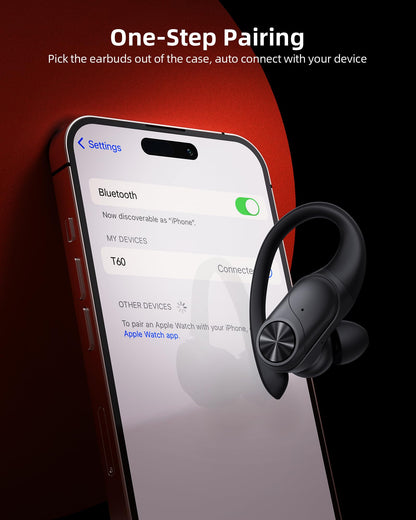 PocBuds Bluetooth Headphones Wireless Earbuds 80hrs Playtime Wireless Charging Case Digital Display Sports Ear Buds with Earhook Deep Bass IPX7 Waterproof Over-Ear Earphones for TV Phone Laptop Black
