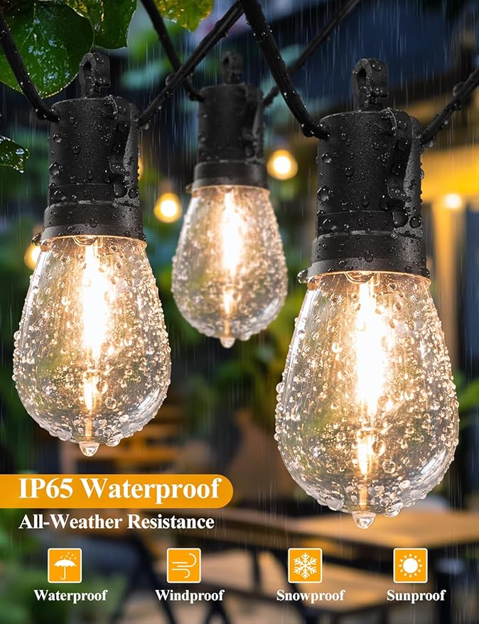 Brightever LED Outdoor String Lights, 60FT Patio Lights with 17 Shatterproof S14 Vintage Edison Bulbs(1 Spare), Outside Hanging Lights Waterproof for Porch, Garden, Deck, Backyard, 2700K Dimmable