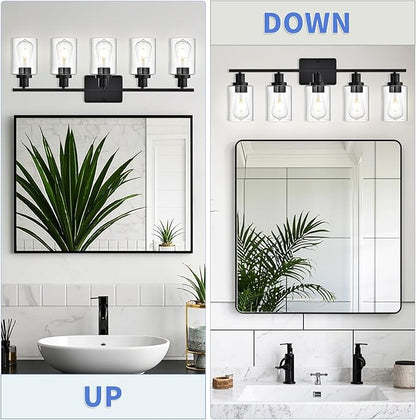 Bathroom Vanity Light Fixtures,5-Light Black Wall Lights for Living Room,Bathroom Light Fixtures Over Mirror,Wall Lamps for Bedroom with Clear Glass Shade for Hallway,Kitchen,Cabinet