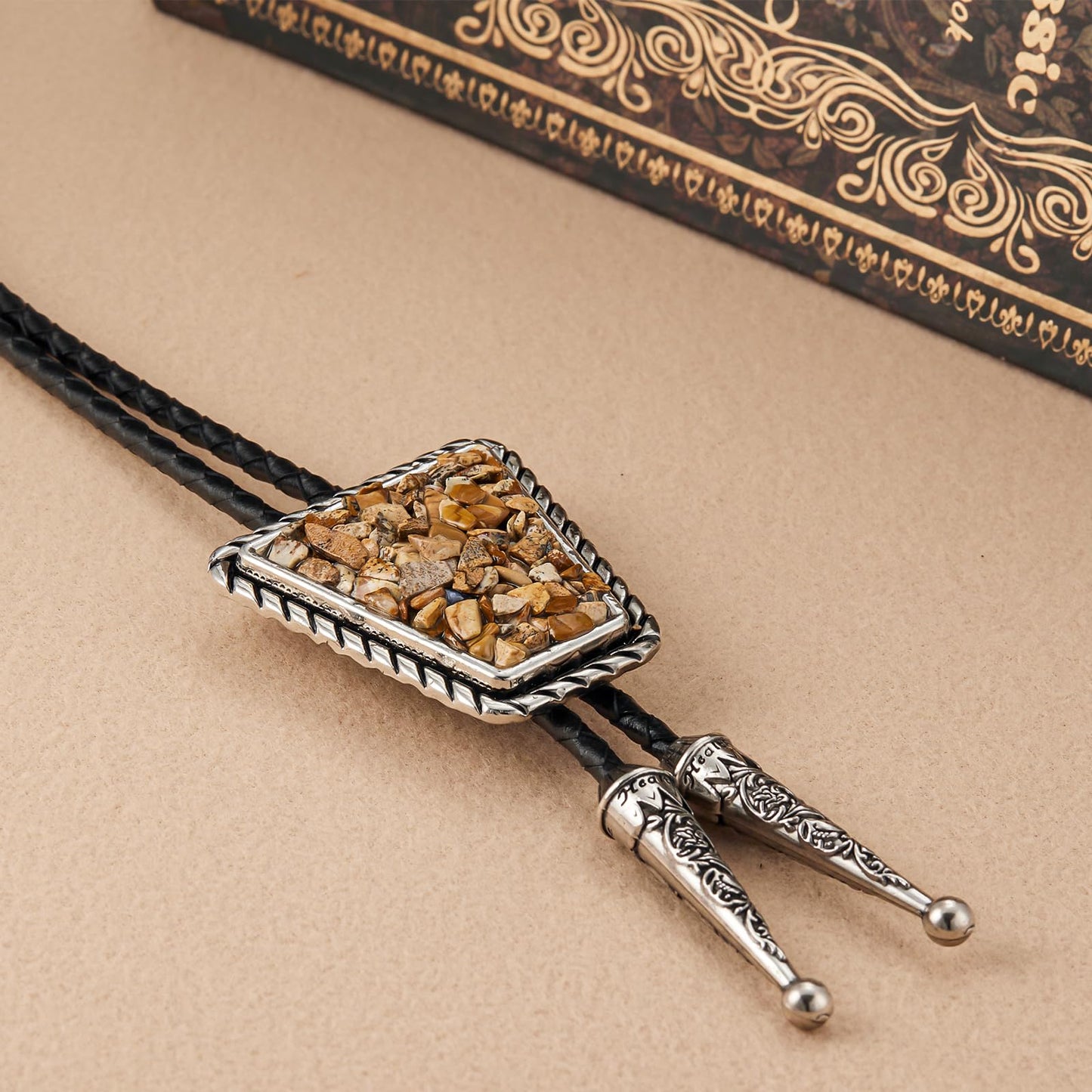 YOQUCOL Native American Khaki Color Crushed Stone Bolo Tie Hand-woven Leather Bola Ties Necklace for Men Women