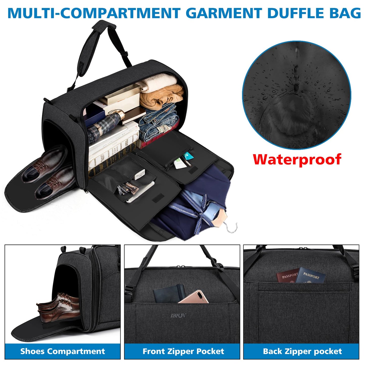 Convertible Garment Bags for Travel - Carry on Garment Duffle Bag with Backpack Straps for Men Women, 4 in 1 Large Travel Duffel Bags with Shoes Compartment Hanging Suit Dress Weekender Bag 3pcs Set