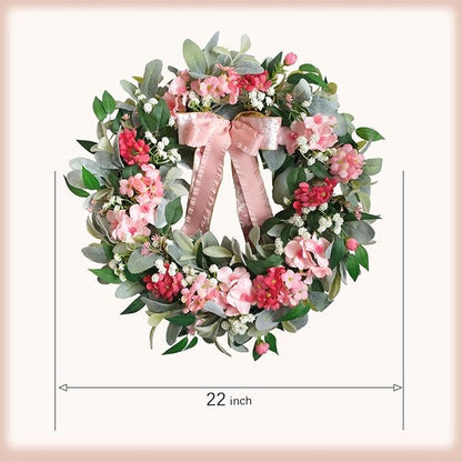 22” Summer Wreath with Hydrangea Lamb's Leaves, Summer Floral Wreaths with Ribbon Bow for Front Door Wall Window and Holiday Festival Party Banquet Wedding Decor