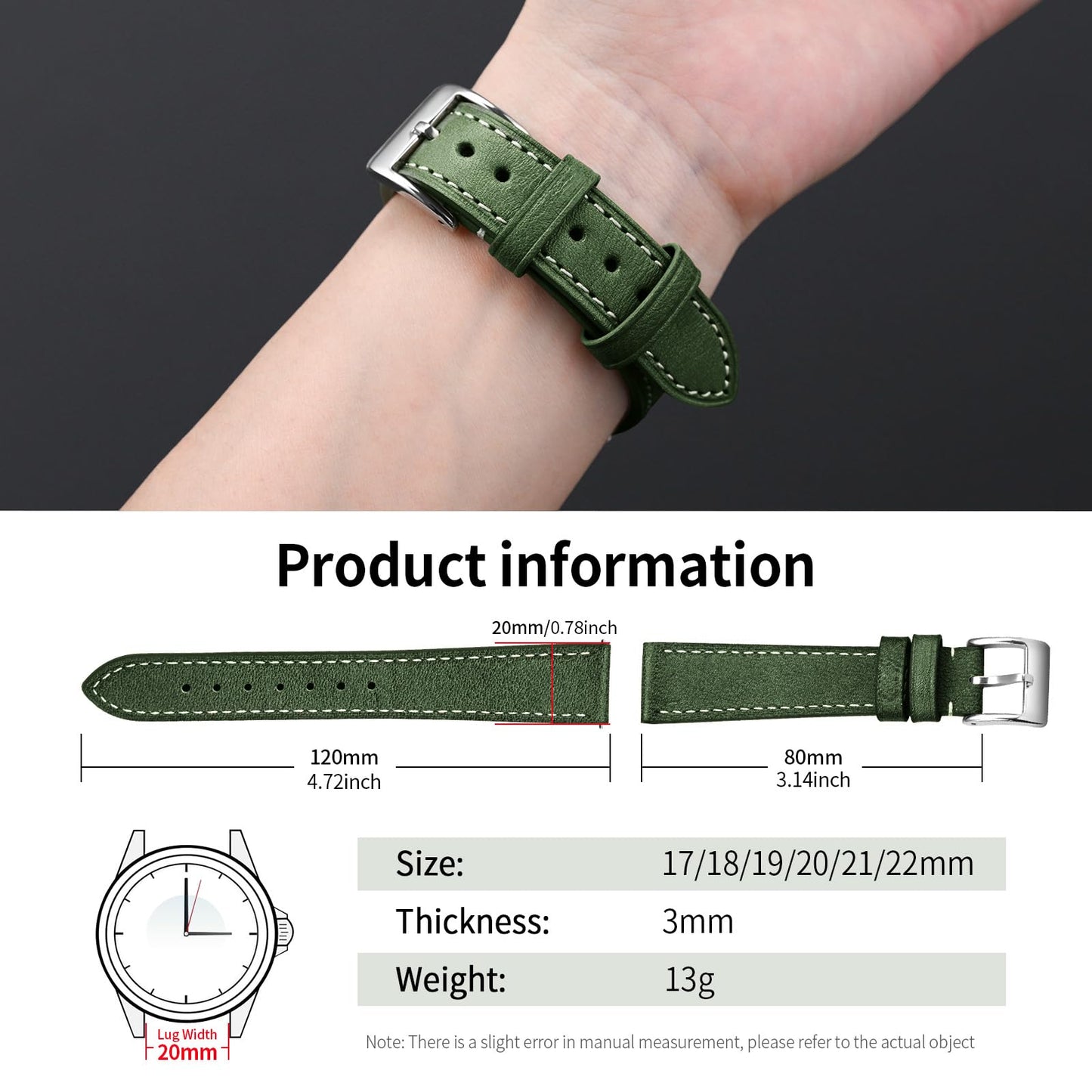 ULLCHRO Leather Watch Straps for Men & Women - Quick Release - Stainless Steel Buckle - Replacement Strap - Band With 17mm, 18mm, 19mm, 20mm, 21mm, 22mm (20mm, Green)