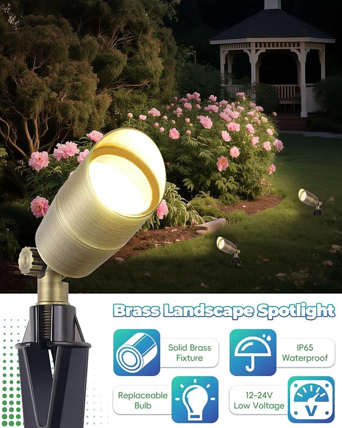 Low Voltage Brass Landscape Lights, Solid Outdoor Spotlights with Replaceable MR16 LED Bulb 5W, 2700K Warm White, 12V 24V Landscape Lighting, Waterproof Design for Garden, Yard, Patio