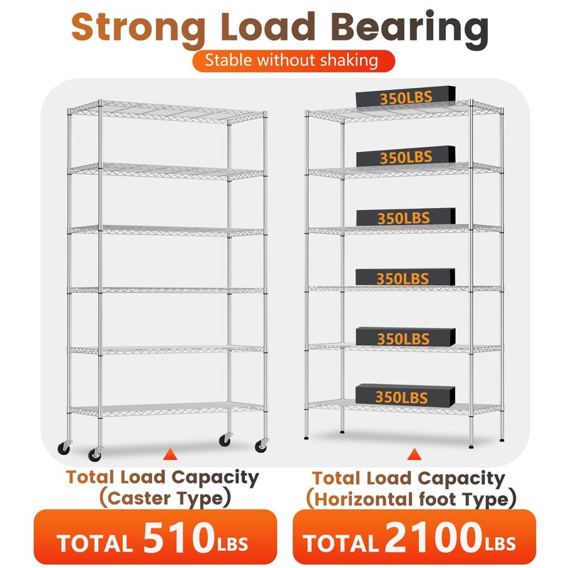 BestOffice | 6-Tier Wire Storage Shelves with Wheels | 18x45x82 | Chrome | Adjustable Racks | Heavy-Duty Metal Shelf, Holds Upto 2100 lbs | No-Tool Assembly | Ideal for Home & Garage Shelving