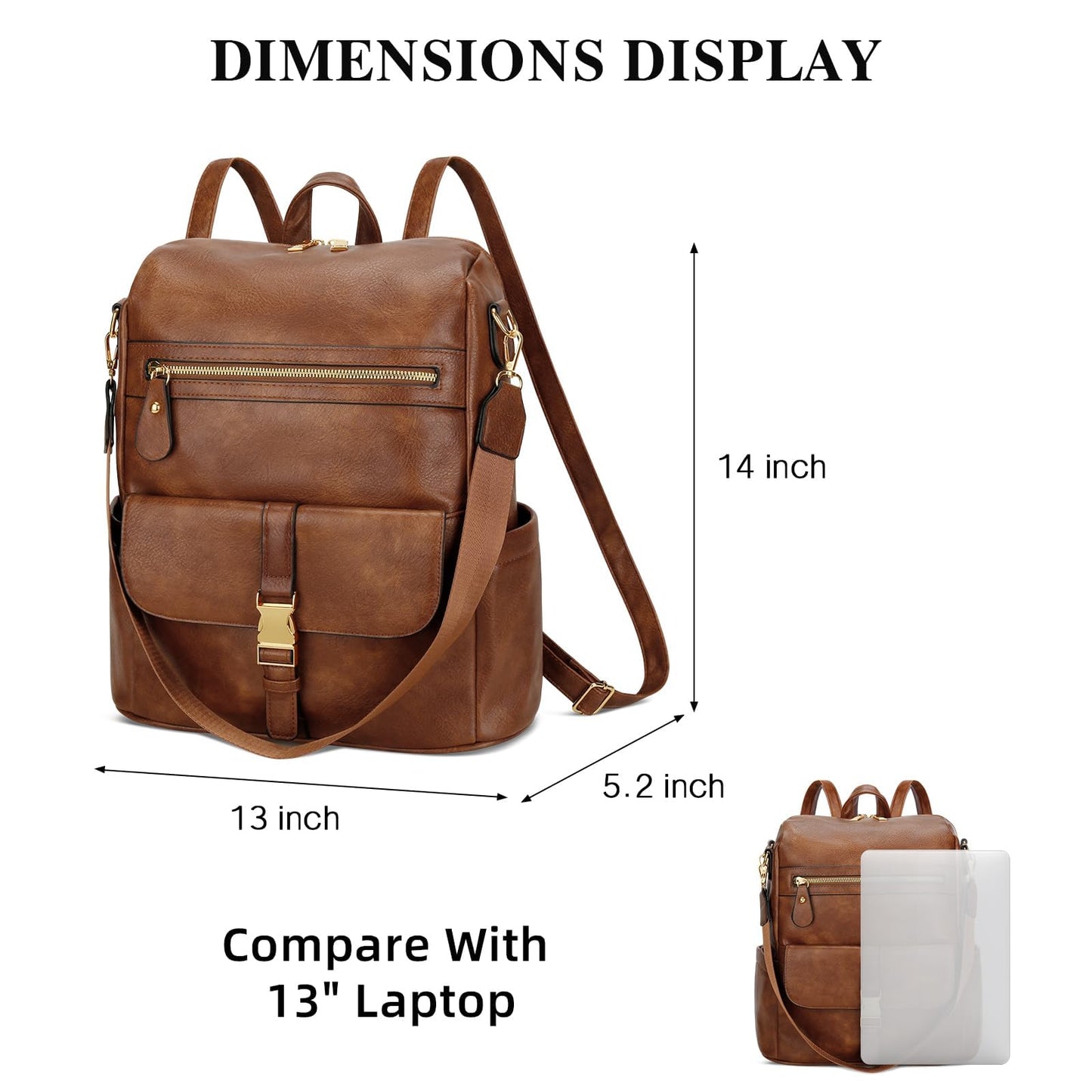 KKXIU Backpack Purse for Women - Multi-pocket Leather backpack for Travel, Work & School with Anti-Theft Lock Pocket, Luggage Strap & Water Bottle Pockets - 13x14x5.2 Inch (B-Brown)