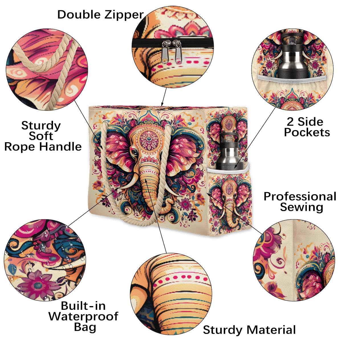 ModaQua Elephant Floral Splendor Beach Bags Waterproof Sandproof for Women, Large with Zipper Pool Beach Tote Reusable Grocery Shoulder Bag for Swim Travel Shopping Vacation Picnic
