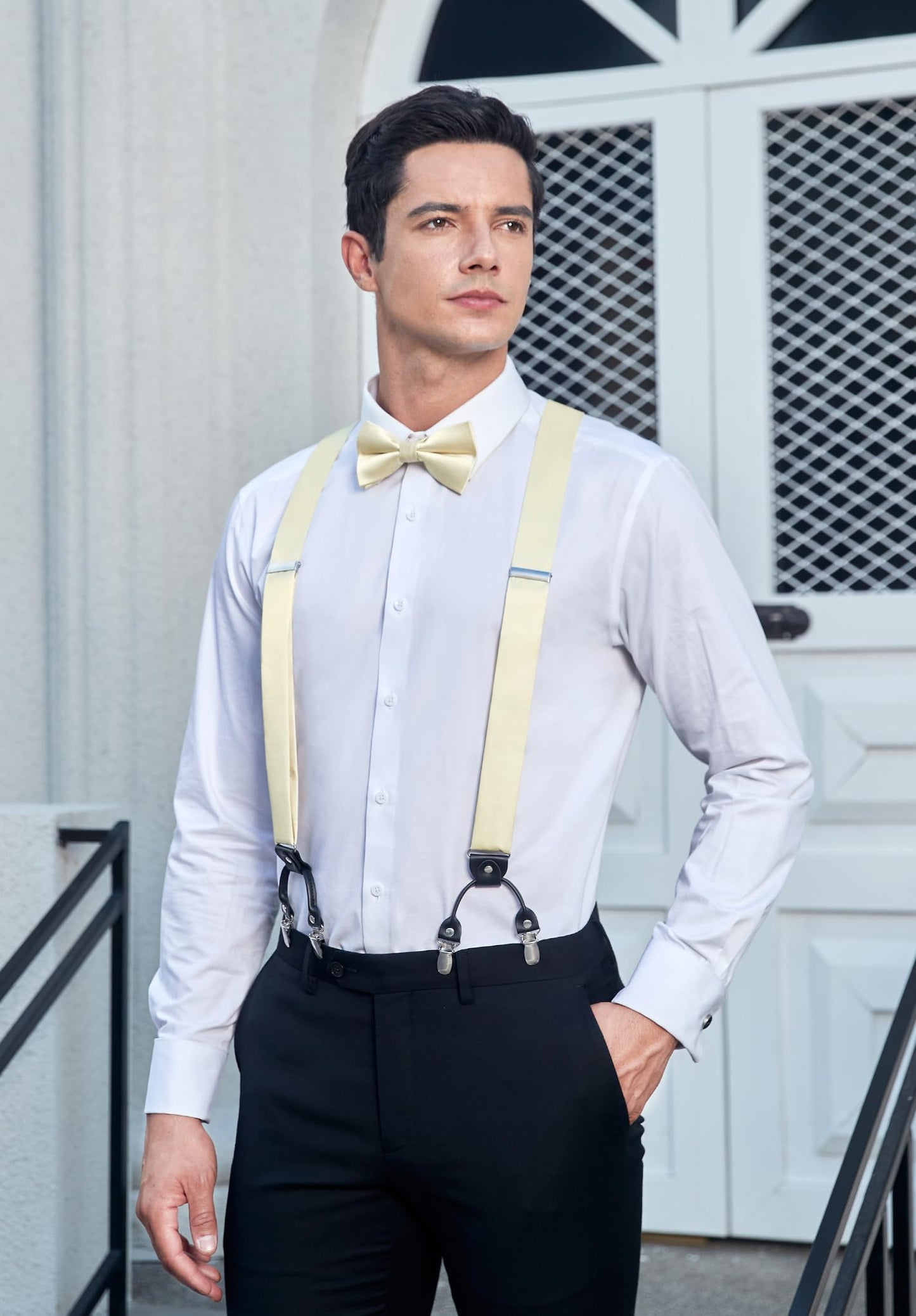 HISDERN Champagne Bow Tie & Suspenders for Men Light Gold Suspender Bowties Pocket Square Set Adjustable Y Shape 6 Strong Clips Braces Formal Wedding