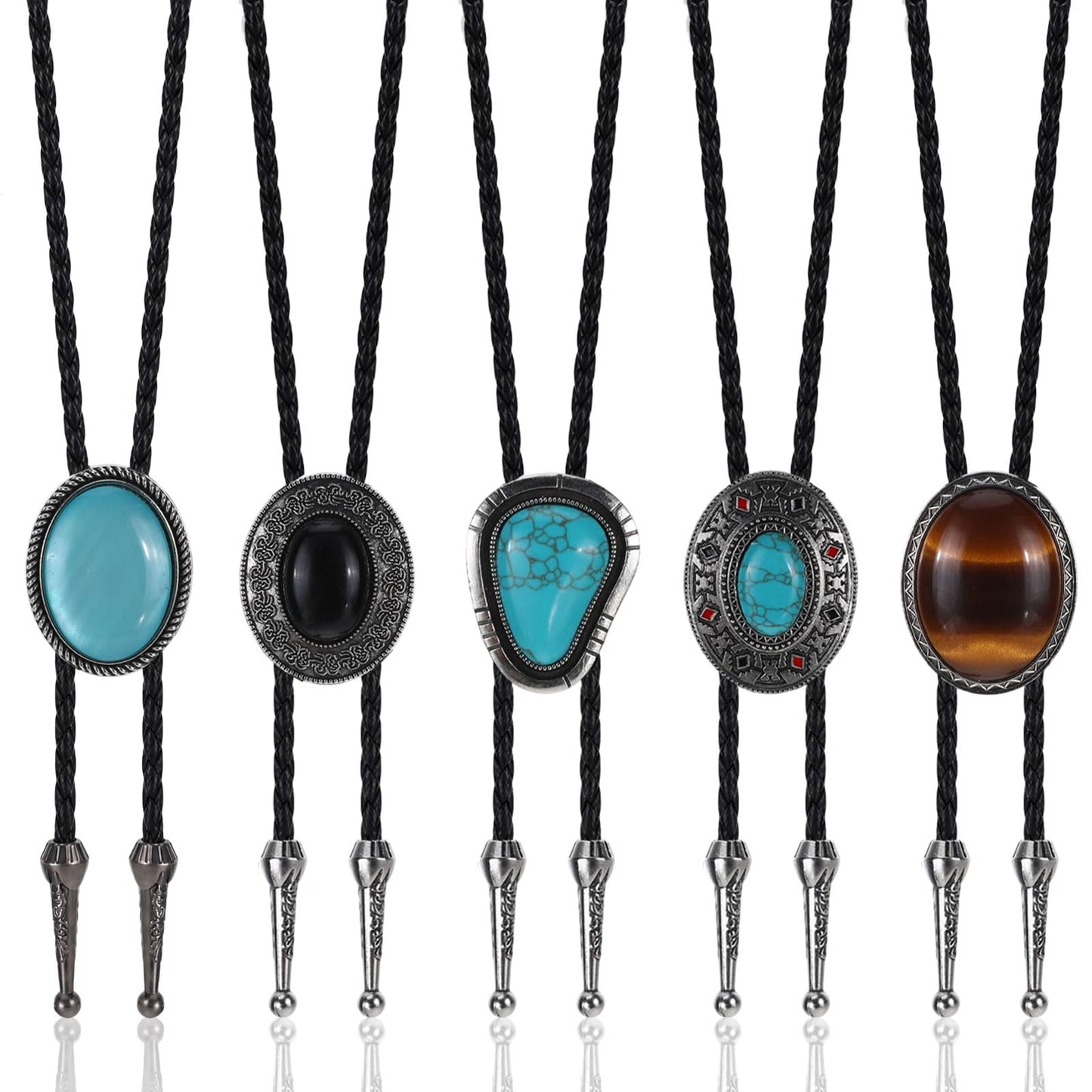 Suohheh 5 Pcs Bolo Tie for Men Women, Handmade Leather Adjustable Western Cowboy Necktie With Natural Tiger Eye Turquoise Black Agate Stone, Vintage Bolo Necklace Halloween Costume Accessories