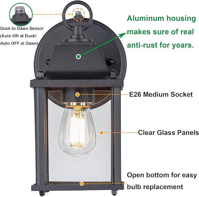 LIT-PaTH Dusk to Dawn Outdoor Wall Lantern, Wall Sconce, Waterproof Proch Light Fixture E26 Base, Aluminum Housing Glass Shade, Outdoor Rated, 2-Pack, Black