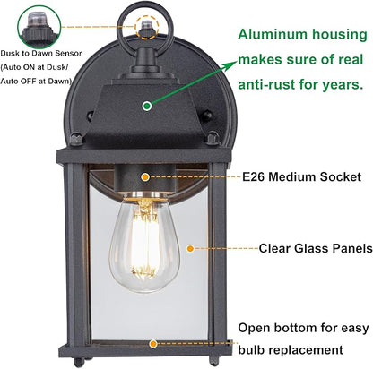 LIT-PaTH Dusk to Dawn Outdoor Wall Lantern, Wall Sconce, Waterproof Proch Light Fixture E26 Base, Aluminum Housing Glass Shade, Outdoor Rated, 2-Pack, Black