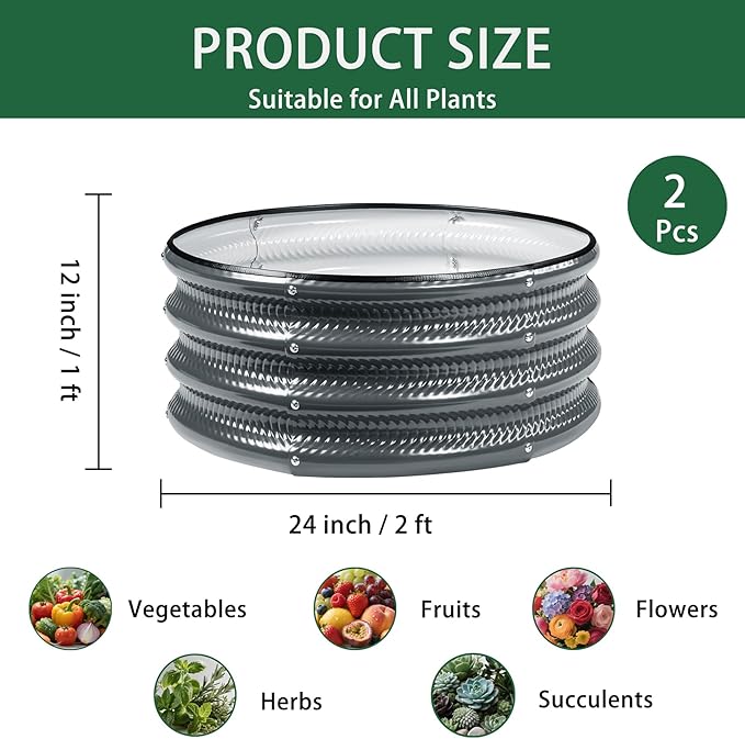 2 Pcs 2x2X1 FT Round Galvanized Raised Garden Bed Kit, White Outdoor Planter Garden Bed, Metal Raised Box for Vegetables, Fruits, Flowers & Herbs