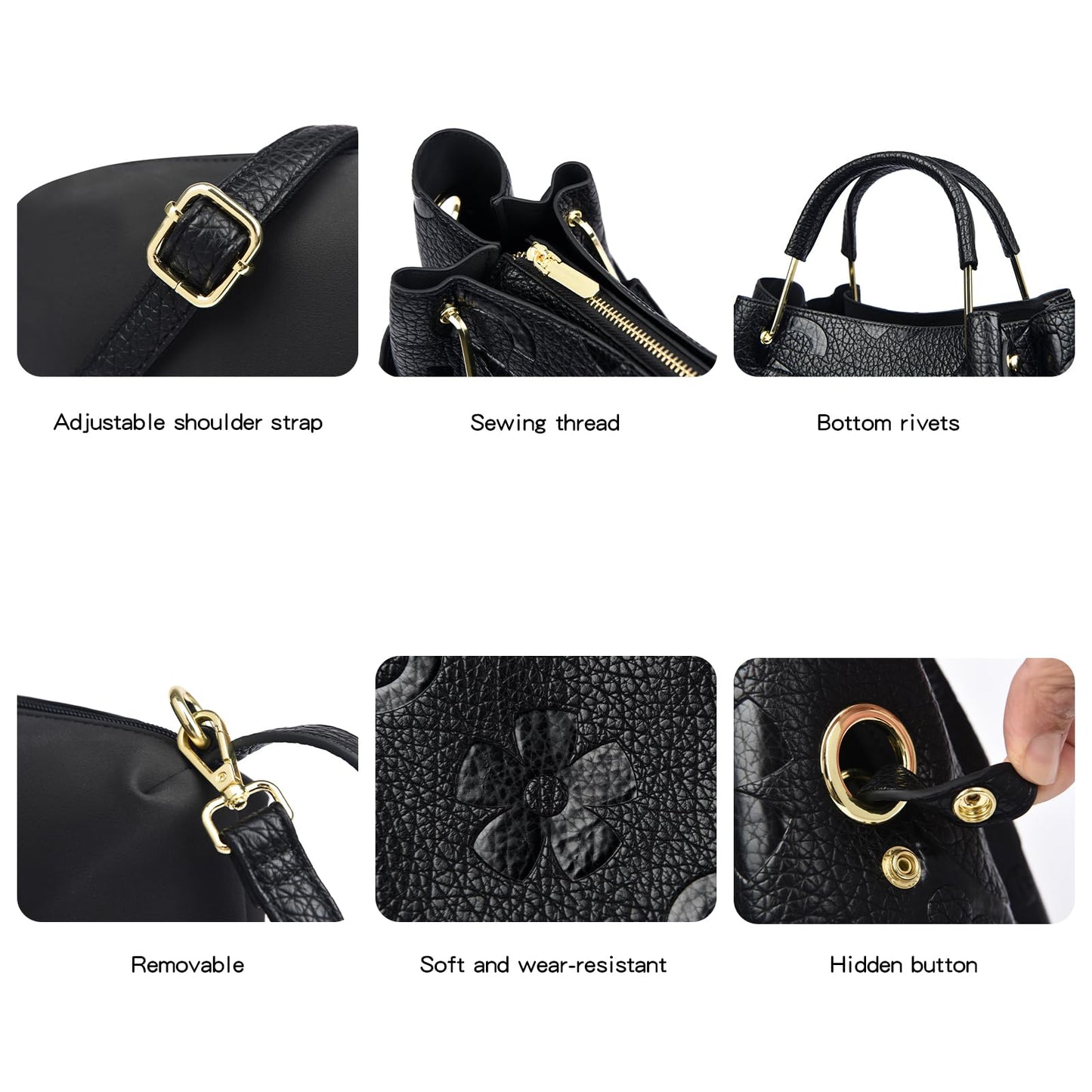 Travistar Floral Handbags and Purses Women - Retro Embossed Leather Top Handle Handbag Large Women's Shoulder Bag 3-in-1 Trendy Hobo Purse Ladies Bucket Satchel Bags Black Work Tote