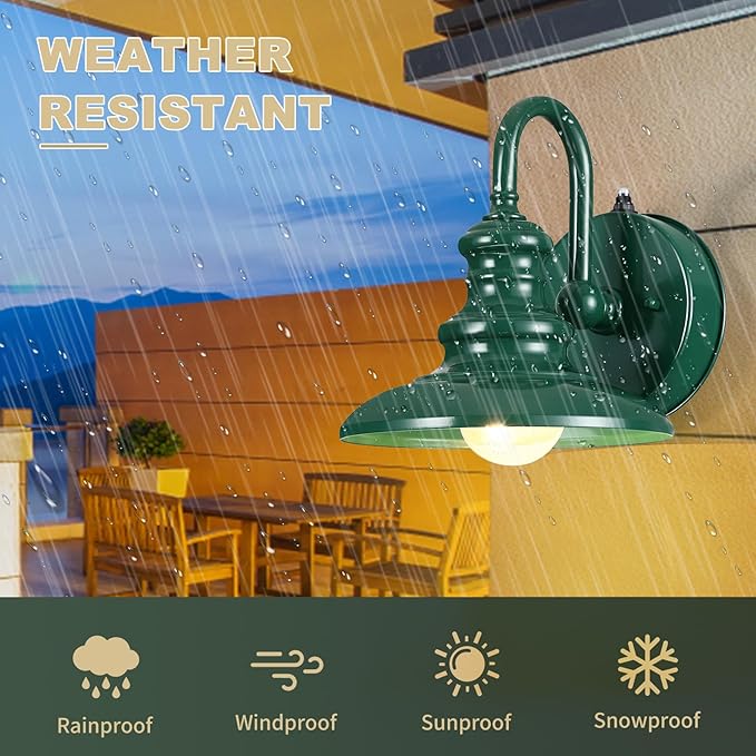 LONEDRUID Dusk to Dawn Sensor Outdoor Gooseneck Barn Light Fixtures Green Exterior Wall Sconce Lighting Rustic Outside Porch Lantern Farmhouse Wall Mount Lamp for House Garage Patio