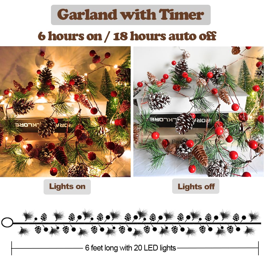 PALONMY Pine Garland with Lights Christmas Garlands 6.56FT 20LED Battery Operated Garland with Red Berry and Holiday Pinecones Prelit Lights for Home Windows Fireplace Stairs