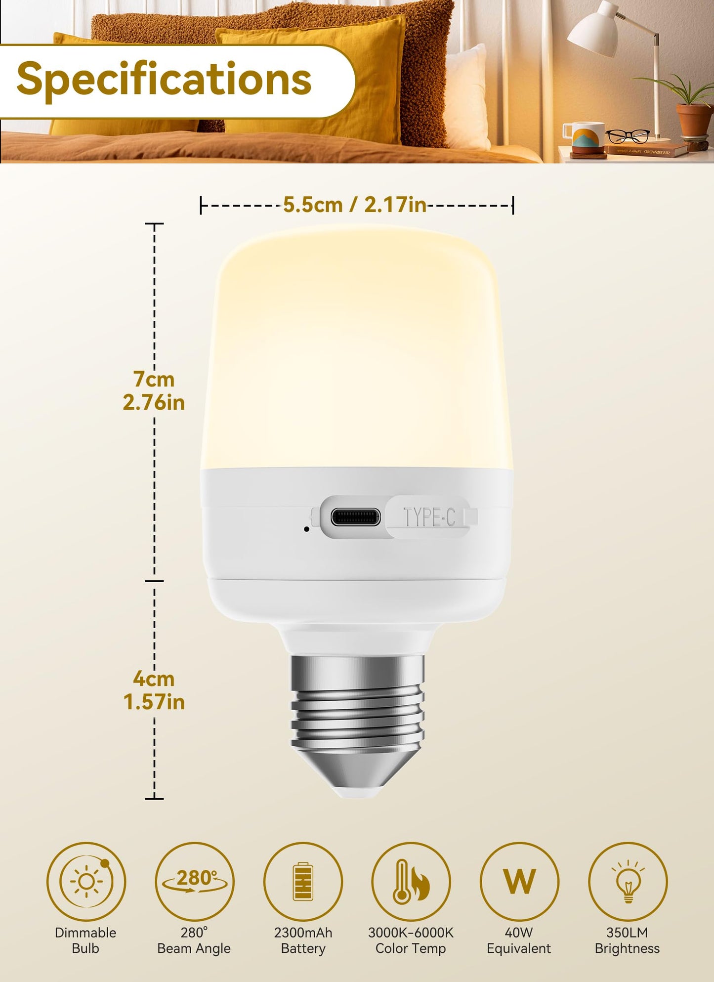 Minetom E26 Rechargeable Light Bulbs with Remote and Timer, Battery Backup Bulb with 12 Colors and Brightness Dimmable, 2300mAh 40W Equivalent LED Light Bulbs for Lamps Sconces Camping, 2 Pack