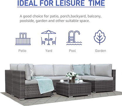 Patiorama 7 Pieces Outdoor Patio Furniture Set, All Weather Grey PE Wicker Rattan Sectional Conversation Set, Porch Garden W/Built-in Glass Table, Seat Clips, Light Grey Cushions