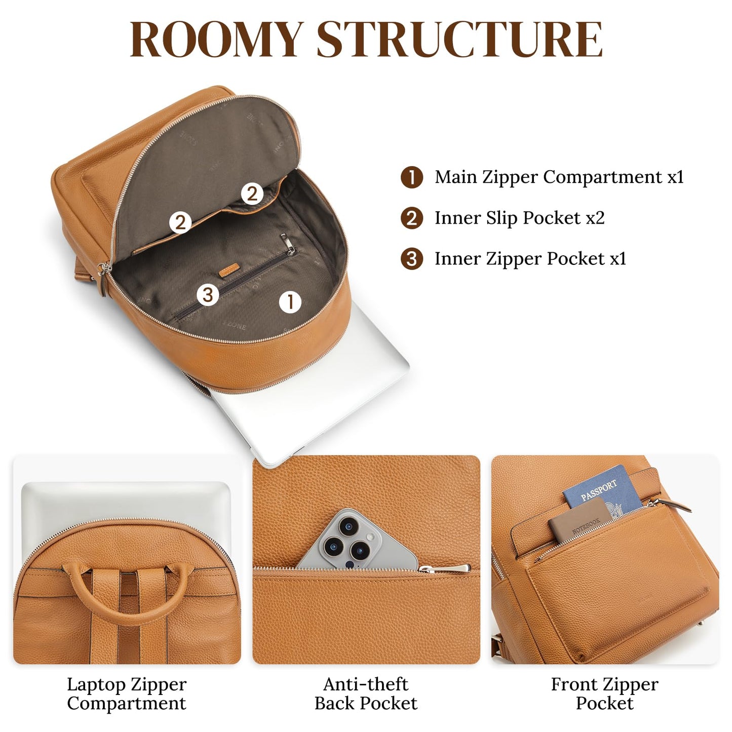 S-ZONE Genuine Leather Backpack Purse for Women Travel Backpack Classic Work Shoulder Bag Business Daypack Adjustable Straps Medium