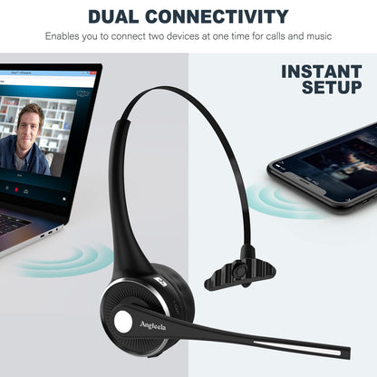 Angteela Trucker Bluetooth Headset with Microphone, Wireless Cell Phone Headset with Noise Canceling Mic Charging Base Mute Function for Home Office Call Center Skype (Black&Silver)