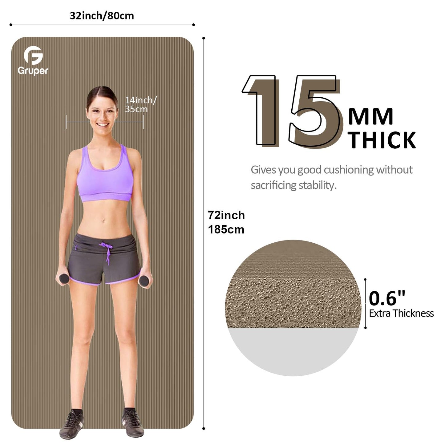 Yoga Mat Non Slip NBR Thick Yoga Mat, 72"L x 32"/24"W x 0.6"/0.4"TH (185cm x 80cm/61cm x 15mm/10mm), Anti-Tear Exercise Mat with Carrying Strap and Bag, Workout Mats for Yoga, Pilates, Floor Exercises