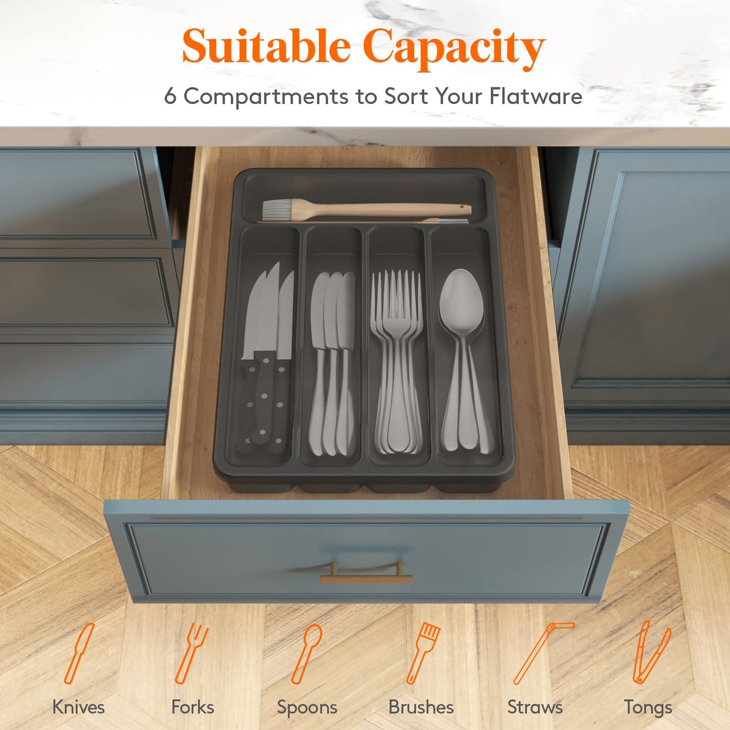 Lifewit Silverware Organizer with Lid, Covered Utensil Tray for Kitchen Drawer and Countertop, Plastic Cutlery and Flatware Storage Box for Spoons Forks Knives Holder Case, 6 Compartments, Black