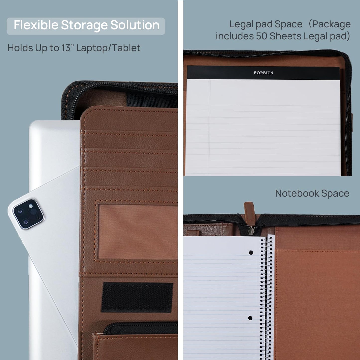 POPRUN Professional Zippered Portfolio Binder - Leather Padfolio Organizer with Notepad, Tablet Sleeve & Handles for Business, Meetings, Interviews, and Daily Office Use, Brown