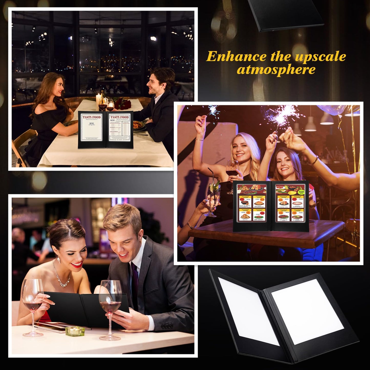 Yiyiring LED Menu Covers 8" x 10.5" LED Backlit Light Double Panel Menu Holder PU Leather Folder Fits Paper for Restaurant Hotel Club Bar Wine