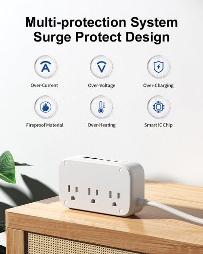 Portable USB Power Strip with 65W PD Fast Charging, 7-in-1 Flat Plug 3 USB-C 2 USB-A Ports 2500W AC Outlets, 175W Total Extension Cord for Home/Office/College/Travel (White)