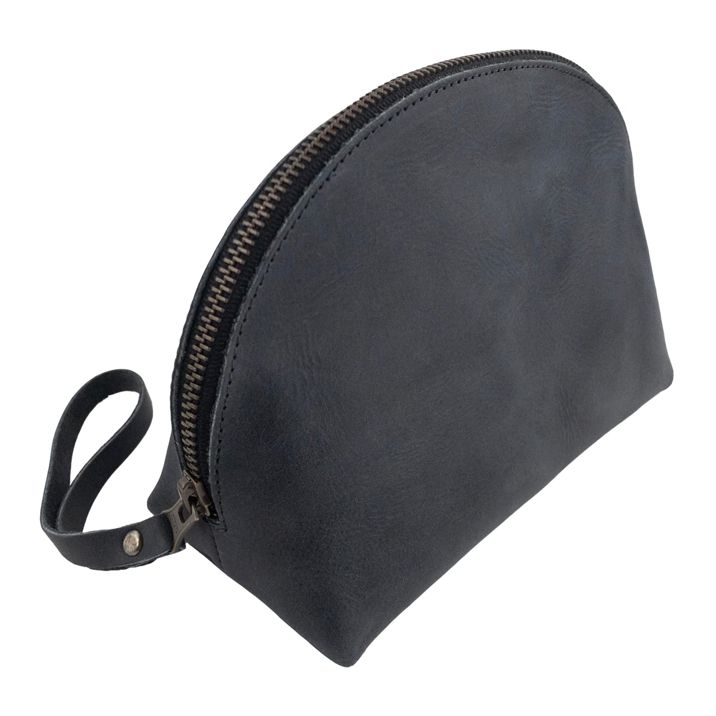 Hide & Drink, Cosmetic Travel Organizer with Hand Strap for Women, Makeup Bag, Classic Handbag, Full Grain Leather, Handmade, Charcoal Black
