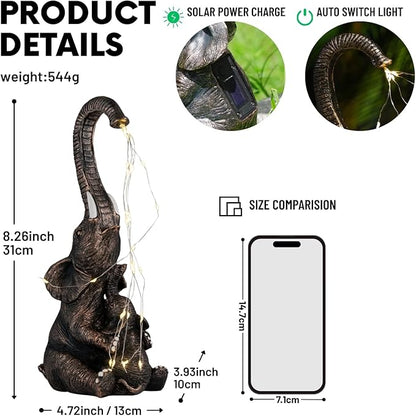 Elephant Statue with Solar Watering Lights, Outdoor Garden Decor for Patio, Yard, Lawn, Unique Gifts for Women, Mom – Resin Elephant Sculpture (Copper Two Elephants)