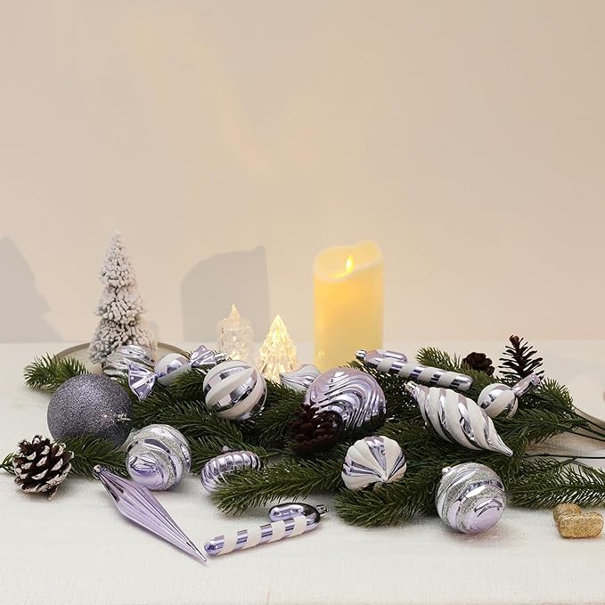Christmas Ball Ornaments Set Shatterproof Christmas Tree Ornaments 24 PCS Painted Shaped Styles Xmas Tree for Holiday Decor,Purple