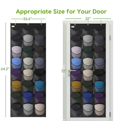 Unjumbly Baseball Hat Rack, 24 Pocket Over-The-Door Hat Organizer with Clear Deep Pockets to Display Baseball Caps Collection, Complete with 3 Over Door Hooks (Black, 24 Pockets)